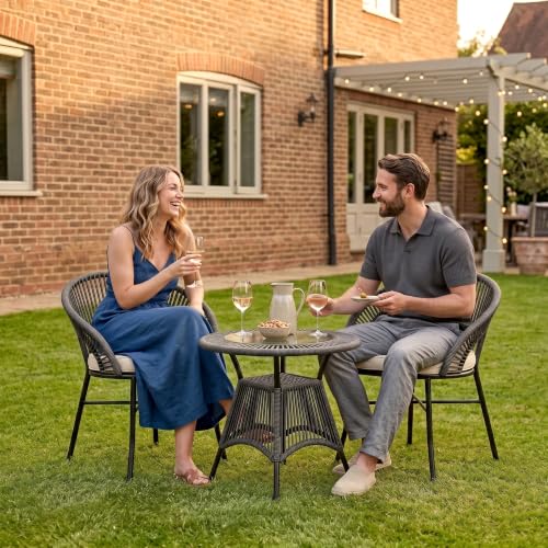 Image of OUTLIVING Init Outdoor Patio Furniture Set | 2 Seater Wicker Chairs with Cushioned Seats & Round Coffee Table | Garden, Balcony, Terrace & Lawn Seating Set - Gey