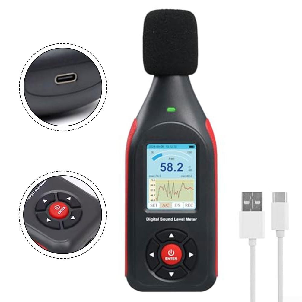 Misuratore di livello sonoro, 30 – 130 dB, digitale, con allarme LED a 3 colori, registrazione dati 43000, display LCD, per rumore industriale domestico