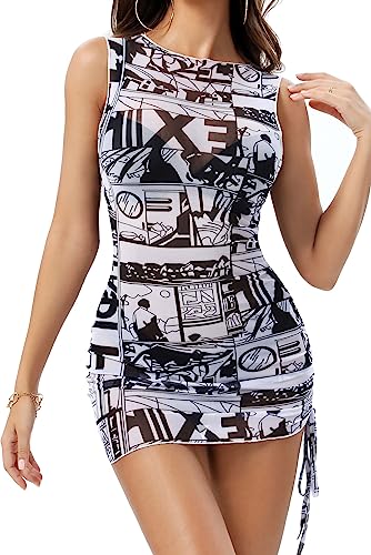 Image of ABMOIU Sexy Mini Print Mesh Dress for Women, See Through Sleeveless Stretchy Bodycon Short Summer Dresses
