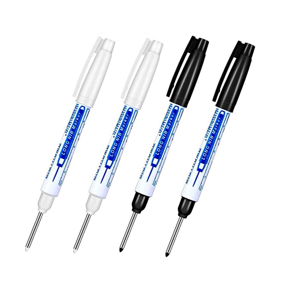TopHomer 4 PCS Deep Hole Marker Pens, Waterproof Long Head Marker Pens 30mm Fine Tip Reach Marking Tool for Woodworking, Construction, Manufacture (Black + White)