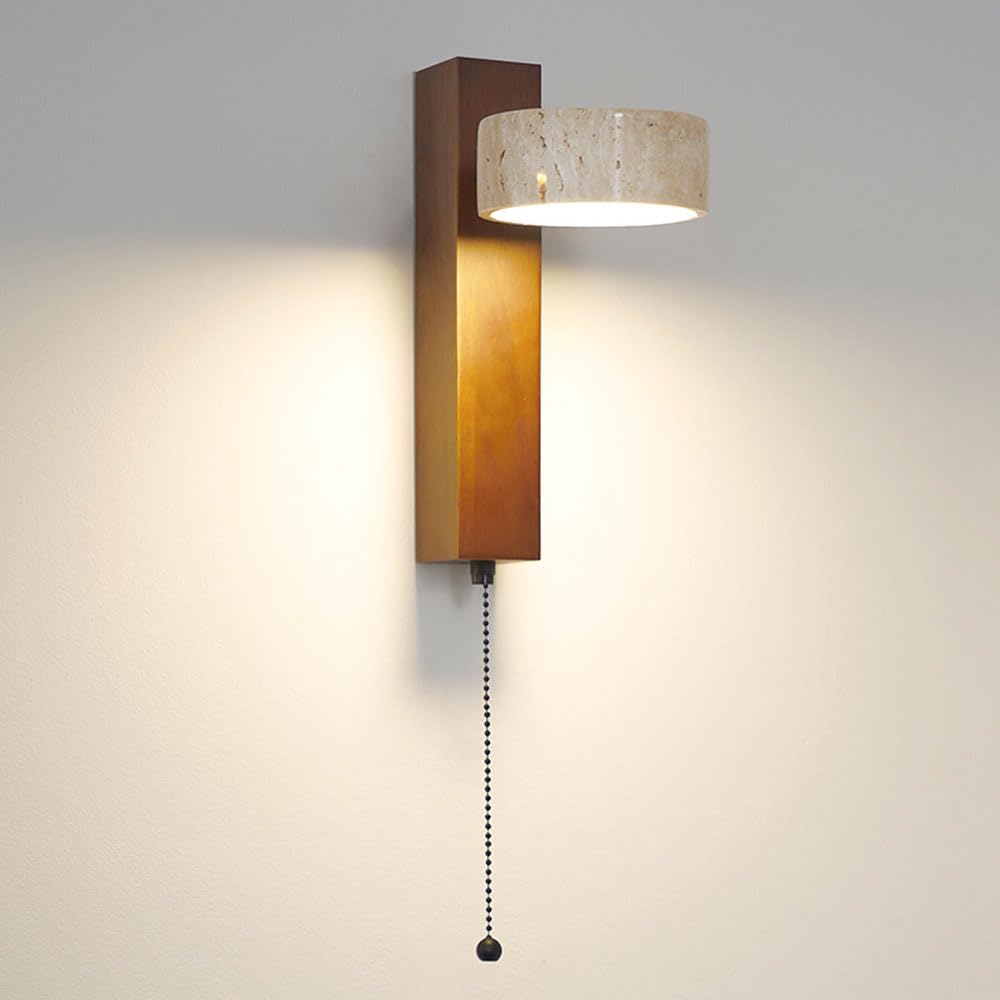 GUOGUOSM LED Light Source Natural Yellow Travertine Wall Lamp, 9in Wood Stone Wall Sconce, Modern Country Style Indoor Wall Light, Bedside Corridor Dining Room Decorative Lighting Fixtures