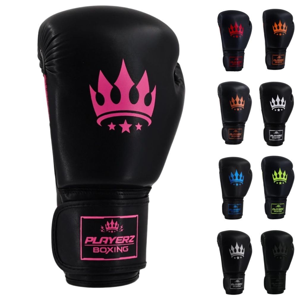 Playerz Element Adult Boxing Gloves – Premium, High-Performance Training Gloves for Boxing, Muay Thai, and Kickboxing – Superior Comfort and Protection for Men and Women (Black/Pink, 16oz)