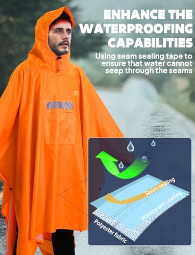 ANYOO Leichter Wasserdichter Regenponcho Regenjacken mit Ärmeln Belüftet Mehrzweck Regenmantel Unisex mit Kapuze Ideal für im Freien Camping Wandern Angeln, Dunkelorange, Einheitsgröße