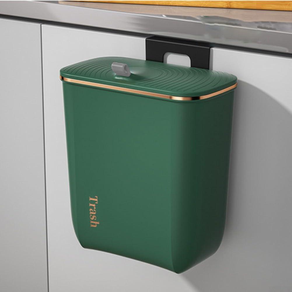 Poubelle suspendue de 9 L avec couvercle pour portes d'armoires et placards pour cuisine, salle de bain et sous évier (vert)
