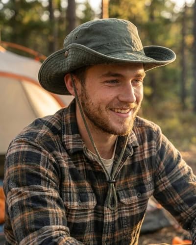 Image of Zylioo XXL Boonie Sun Hat for Big Heads, Washed Wide Floppy Brim Hiking Hat with Chin Strap, Cooling Safari Fishing Hat