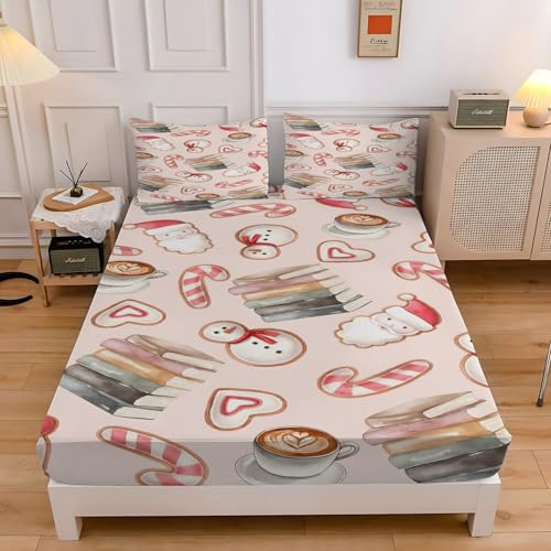 キャンディケーンワイドキング シーツ雪だるまベッドカバー柔らかい通気性マイクロファイバー 3点セット防ダニ高反発 吸水 速乾 抗菌 防臭 防ダニと 2 枕カバー43x63 cm着脱簡単 丸洗い可能 マットレスカバー200x200x30 cm