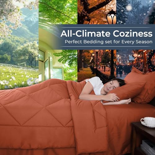 HEVUMYI Burnt Orange Twin Comforter Set - 5-Piece All Season Bed in a Bag Twin, Ultra Soft Bedding Set with Comforter, Flat Sheet, Fitted Sheet, Pillowcases, Pillow Shams