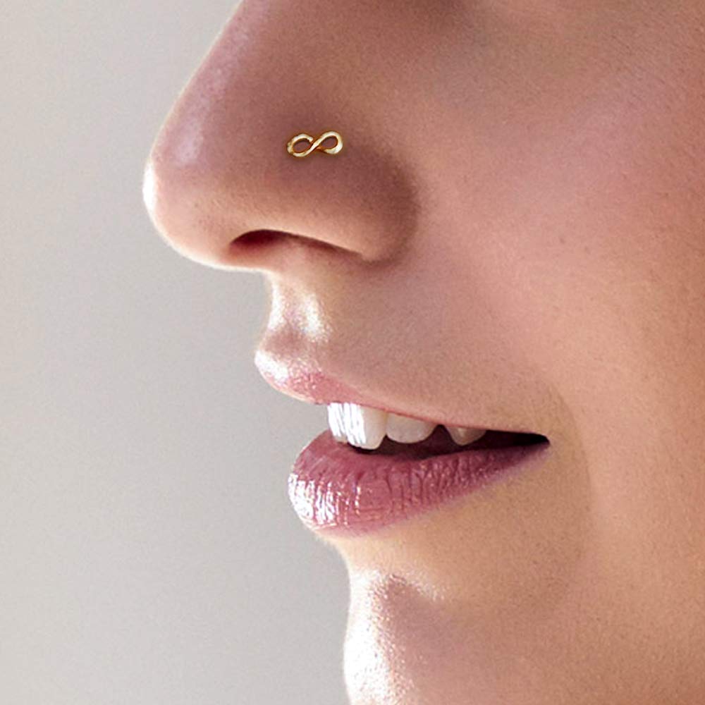 Monster Piercing 9K Gold Echtgold | Nasenpiercing Nasenstecker Stud | Infinity Unendlich Zeichen | Stabstärke: 20G (0,8 mm) | Stablänge: 7mm | Hypoallergen