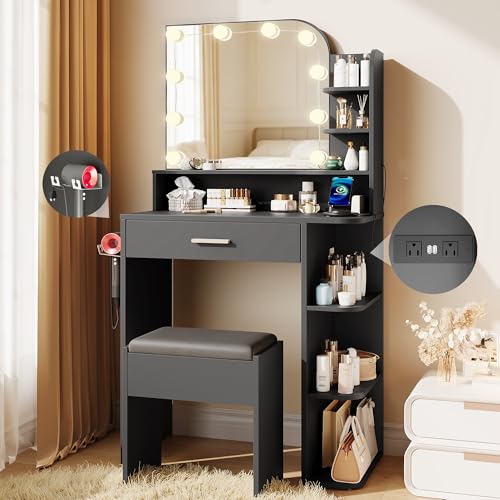 wanan Makeup Vanity with Chair Small Vanity Desk with Mirror and Lights 3 Colors Girls Vanity Set with Power Outlet Compact Vanity Table for Small Space Black