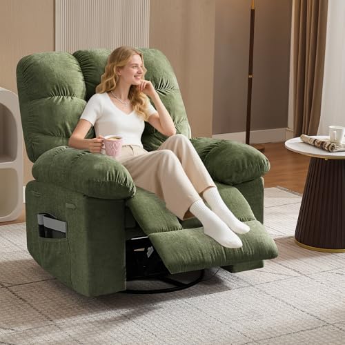 Image of 360 Swivel Rocking Recliner Chair with Vibration Massage & Heat, Oversized Rocker Recliner with Side Pocket for Living Room, Bedroom, Nursery & Small Spaces, Green