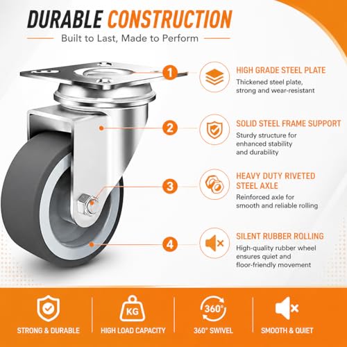 12 Pack 2 Inch Swivel Caster Wheels, Heavy Duty Rubber Plate Casters, Ball Bearings Wheels for Cart Trolley Workbench