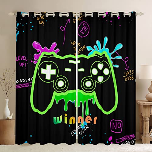 Homemissing Graffti Gamer Dreapes Fluorescent Green Gaming Curtains for Bedroom Living Room Kids Boys Gamepad Blackout Curtains(30%-50%) Modern Game Console Controller Window Treatments W46*L72 - Image 2