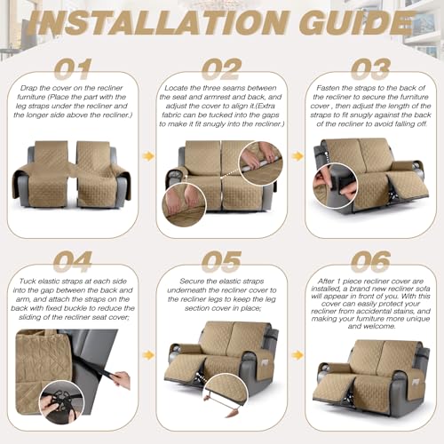 Image of TAOCOCO 100% Waterproof Recliner Covers, Recliner Sofa Covers with Leg Straps, Reversible Recliner Couch Cover for Reclining Chair, Washable Couch Protector for Pets Kids(2 Seater, Camel)