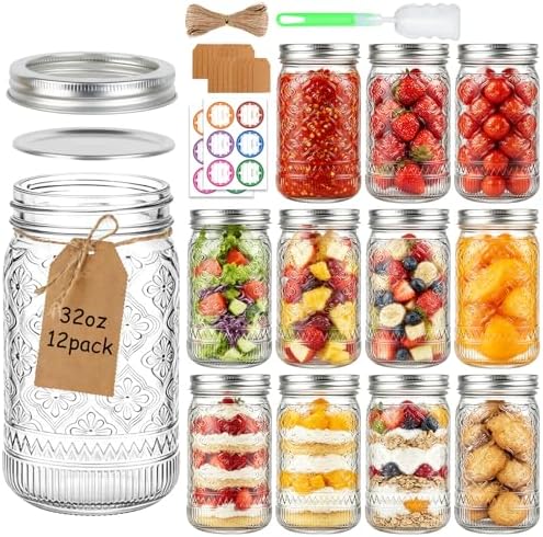 32 oz Mason Jars with Lids, 12 Pack Quart Canning Jars