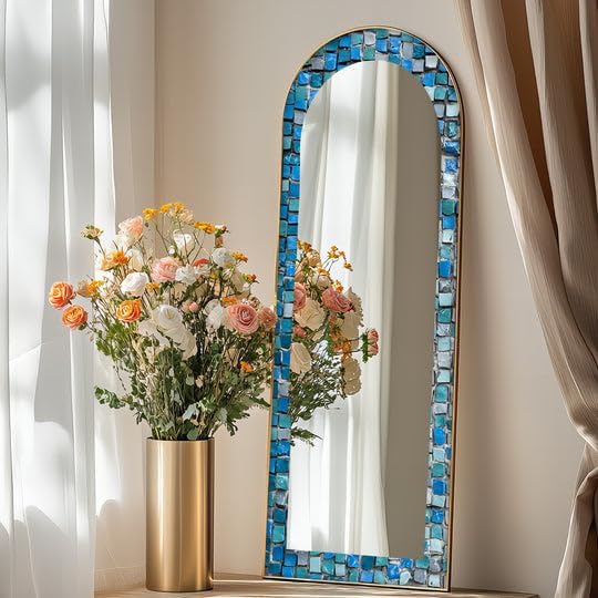 23,5’’W x 67’’H Textured Aqua Stone Mosaic – Full Lenght Floor Mirror Arched Full Lenght Mirror - Arch Full Body Stained Floor Mirror with Black Frame with Black Frame