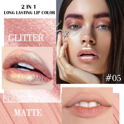 Image of evpct Champagne Gold Metallic Glitter Lip Liner and Lipstick Combo Lip Gloss Stain Set Makeup for Women Long Lasting Waterproof 24, Blonde Frosted Metallic Shimmer Glossy iridescent Liquid Lipstick 05
