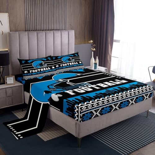 Erosebridal American Football Sheet Set,Football Fans Bed Sheets Set Full Size for Kids Youth Adults,Sports Ball Game Flat Fitted Sheet with 2 Pillowcases Deep Pockets,Rugby Sheets(Carolina)