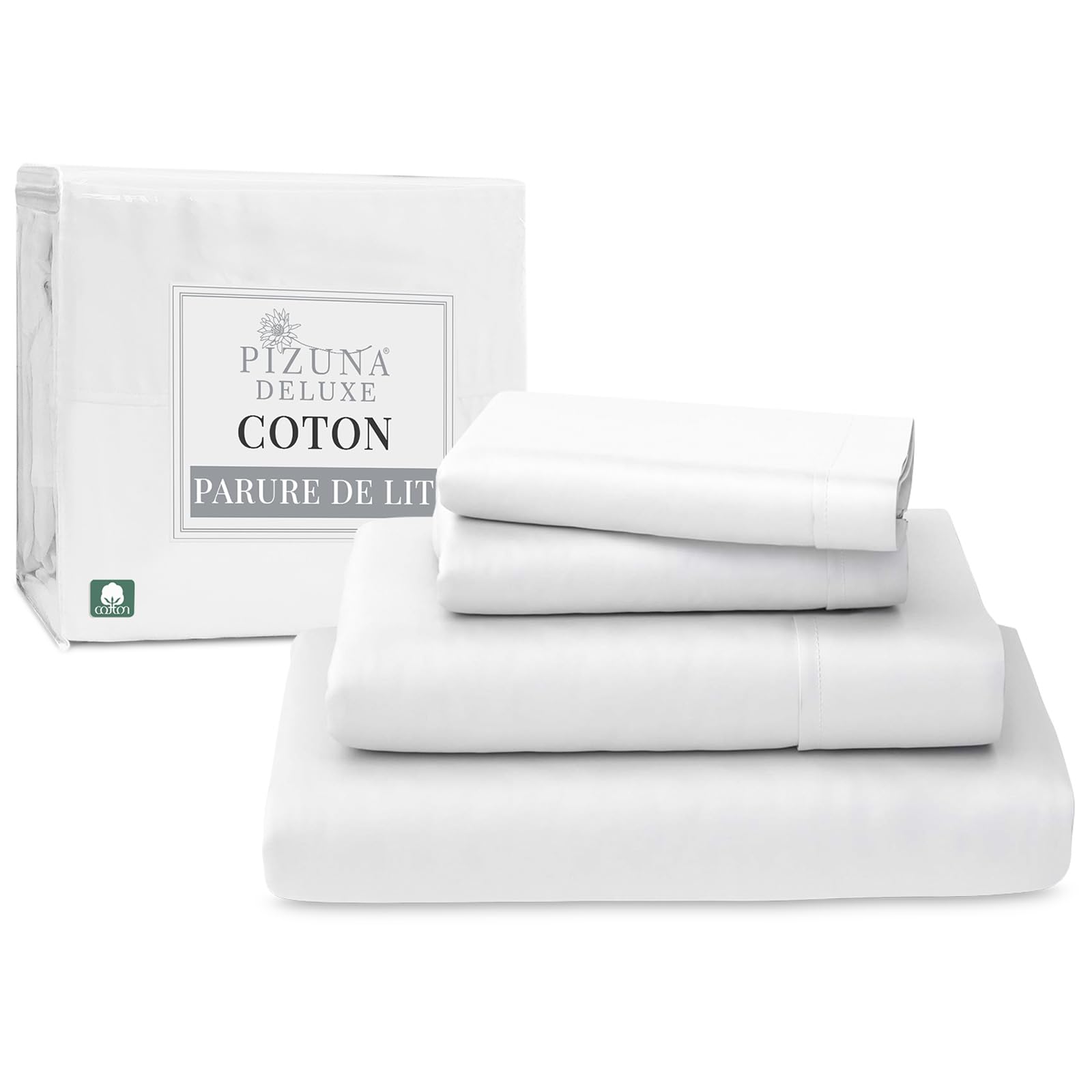 Pizuna 100% Coton Parure de Lit 140x200 cm Blanc, 600 Fils | Tissu de Satin de Coton Comprend 1 Drap Housse, 1 Drap Plat, 2 Taie d'oreiller (Coton Draps 2 Personnes)