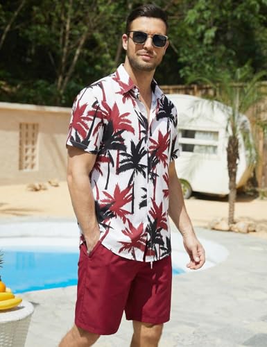 Image of Yimoon Men's Summer 2 Piece Outfits Tropical Print Short Sleeve Button Down Hawaiian Beach Shirt and Shorts Set