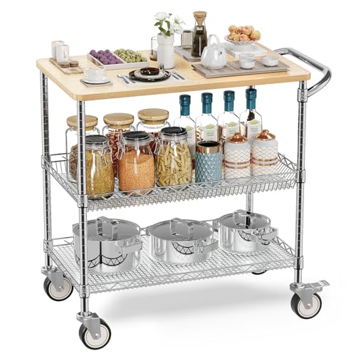 Leteuke 3 Tier Rolling Carts with Wheels, Heavy Duty Rolling Utility Cart with Wood Tabletop, NSF Commercial Grade Metal Cart with Handle and Shelf Liner,Trolley Serving Cart for Kitchen, Chrome