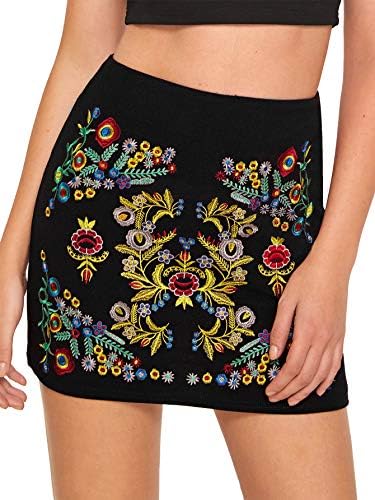 SheIn Women's Casual Floral Embroidered Bodycon Short Mini Skirt Black S