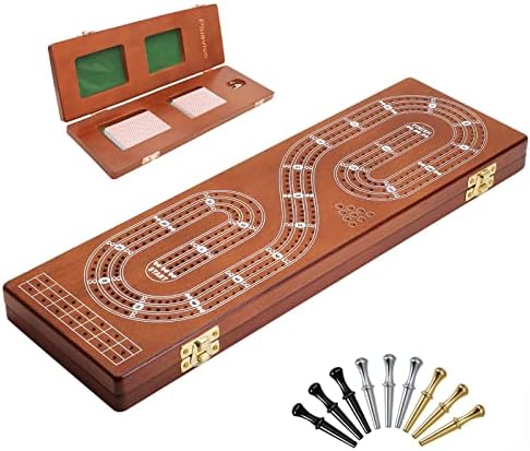 Cribbage Board 3 Tracks, Plusvivo Premium Solid Oak Crib Board with 9 Cribbage Pegs Metal & 2 Storage Area, 15.5" X 4.9" X 1.2" for Travel Foldable Cribbage Board Game…