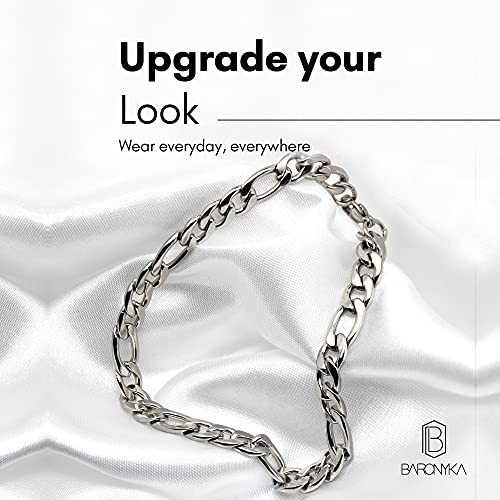 Baronyka Handmade Figaro Chain Bracelet For Men, Stainless Steel Link Cain Bracelet, 8" With Lobster Clasp, Waterproof Chain Link Bracelet (Silver) #TOP3