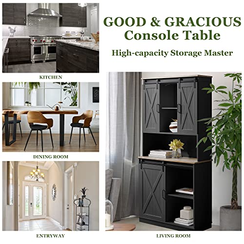 GOOD & GRACIOUS Kitchen Pantry Freestanding Hutch Storage Cabinet with Sliding Barn Door Black Paint Finish - Thumbnail 7