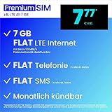 Handytarif PremiumSIM z.B. LTE All 7 GB – (Flat Internet 7 GB LTE, Flat Telefonie, Flat SMS und Flat EU-Ausland, 7,77 Euro/Monat, monatlich kündbar) oder andere Tarife