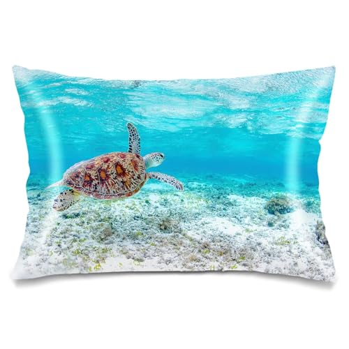 Satin Pillowcase for Hair and Skin,Coastal Throw Pillow Cover 20"x26" Silk Pillowcases Envelope Closure,Nautical Pillow Covers Sea Turtle Decorative Standard Pillow Case for Bed,Aqua Blue