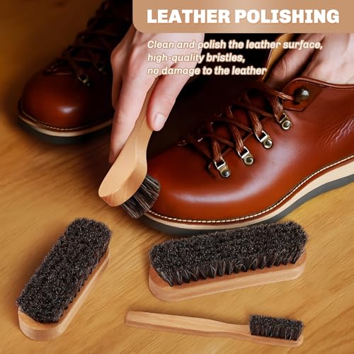 Image of 4 Pcs Horsehair Shine Shoes Brush Kit Polish Dauber Applicators Cleaning Leather Shoes Boots Care Brushes Suede Cleaner Brush with Microfiber Shoe Cloth(Wooden Style A)