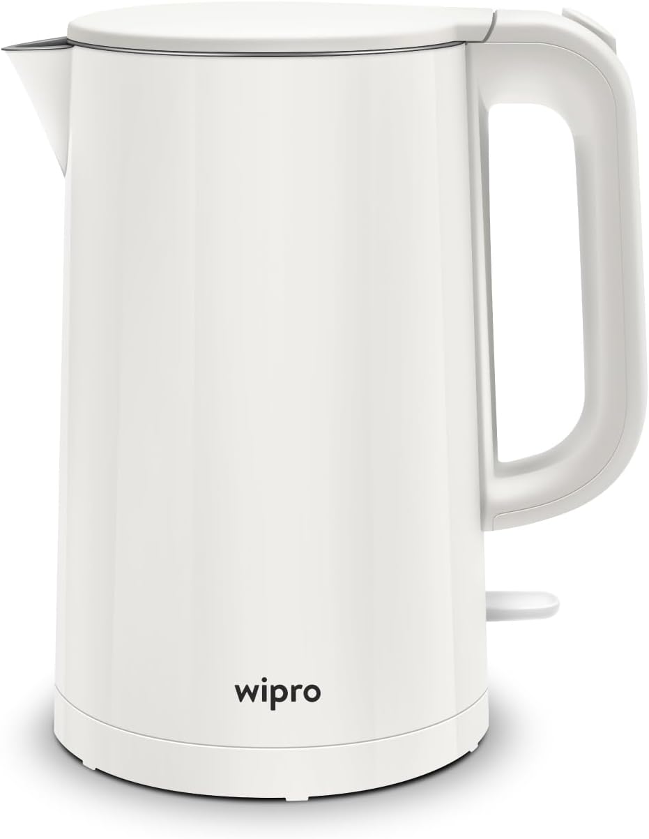 - wipro ABS Elato BK210 Cool Touch Double Layer Electric Kettle, 1.5 Litres, Anti-Rust Shield, Super Fast Heating, 3X Protection-Overheating, Dry Boil & Auto Shut-Off,1000 Watts, 2 Years Warranty, White