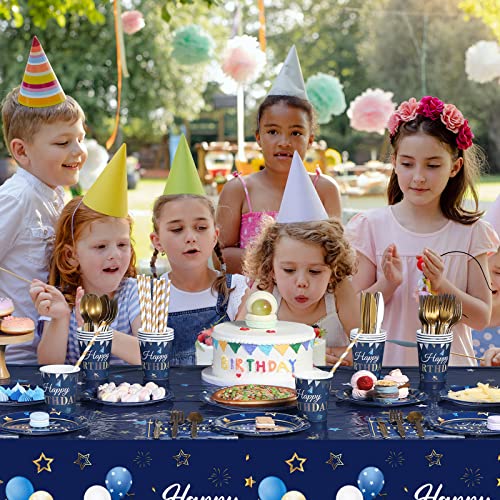 Navy Blue Birthday Party Supplies Navy Blue Happy Birthday Tableware Set Confetti Starry Tablecloth Plates Cups Napkins Dinnerware For Kids Adults Birthday Party Supplies Decor (Navy Blue And Gold) #TOP2