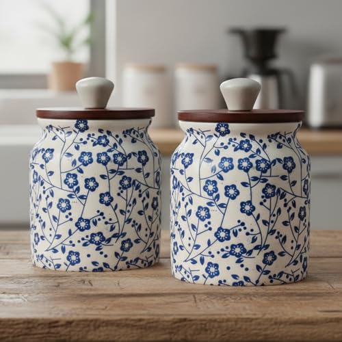 Image of Vistas 'Heritage Blue' Airtight 420ml Set of 3 Ceramic Jar for Kitchen Storage | Handcrafted Ceramic Barni with Wooden Lid | Multipurpose Pickle, Spice & Salt Container