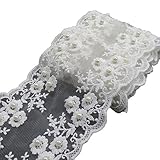 2 Yards 4-1/4 Inches White Cotton Floral Faux Pearls Embroidered Lace Trims Fabric DIY Craft Supply