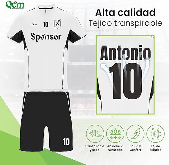 Equipación de Fútbol Personalizada — Camiseta y Pantalón — Personaliza Escudo Nombre y Número — Unisex — Niño y Adulto