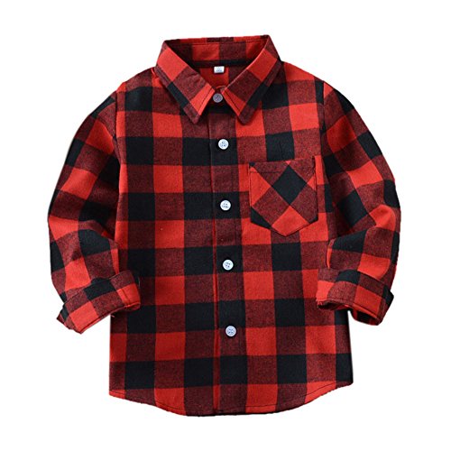 Uwback Boys Long Sleeve Flannel Check Plaid Shirts E001 Red Black CN110