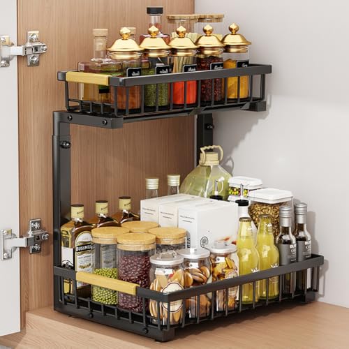 Under Sink Organizer Adjustable Height 2 Tier Pull Out Under Cabinet Organizer Thickened Metal Shelf Slide Out Under Sink Storage for Kitchen Bathroom Cabinet Laundry