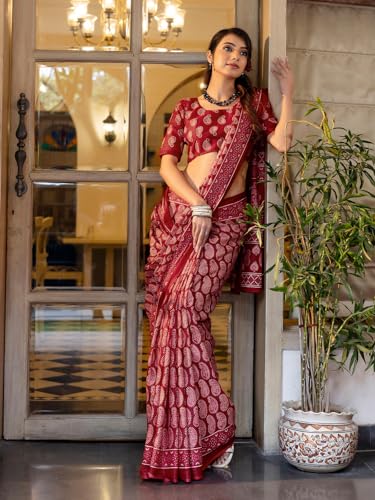 Image of SIRIL Women's Printed Mul Cotton Saree with Unstitched Blouse Piece