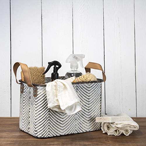Foreside Home & Garden Rustic Set Of 3 Whitewashed Pattern Galvanized Metal Decorative Storage Bins With Faux Leather Handles #TOP6