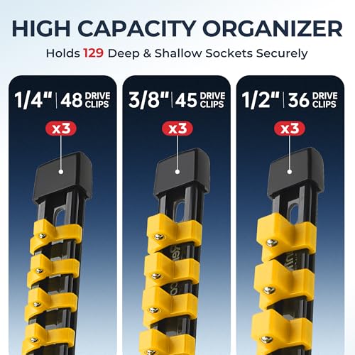 Image of Reniteco 9-Pack Socket Organizer Set, 1 /4 inch x 48 3 /8 inch x 45 1 /2 inch x 36 Clips | 129 Clip Capacity, Havy-Duty ABS Socket Rails, Removable Clips, Drive Socket Storage, Toolbox Drawer or Wall Mount