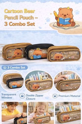 Image of Zqiue Good Study Cartoon Bear Pencil Pouch 3 Combo Set, Transparent Window Double Zipper Pen Case, Large Capacity Canvas Organizer for School, Kids, Teens & Office