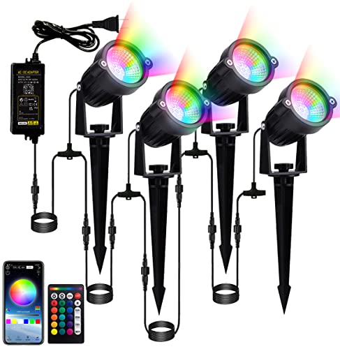 Led Landscape Lighting,12W Bluetooth App Control 24V RGB Color Changing Low Voltage Landscape Lights with Transformer,IP66 Waterproof Outdoor Led Spot Flood Light for Party/Tree/Christmas/Pathway