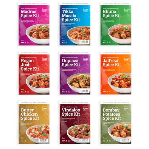 East at Home 9 Curry Spice Kit - Authentic Indian Curry Blends for Creating Flavorful Restaurant-Style Meals at Home Includes a Variety of Spices for Versatile Dishes Easy to Use 9 Packs