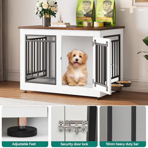 YITAHOME 28" Dog Crate Furniture, Wooden Side End Table with Adjustable Feet and Removable Bowls, Dog Kennel Indoor for Small Dogs - Image 4