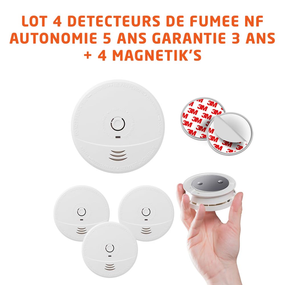 EVACUATE - Lot De 4 Détecteurs De Fumée NF - Supports Aimantés Fixation