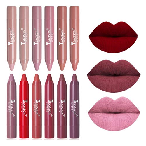 12 Colors Moisturizing Matte Lip Pencil Crayon, Matte Crayon Lipstick Set, Waterproof Long Lasting Velvet Lipstick Crayons for Women