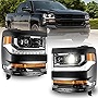 ROXX Headlights Assembly for 2016 2017 2018 2019 Chevy Silverado 1500 Xenon/HID, High Low Beam Headlights Replacement with Led DRL, Amber Turn Signal Lights, Passenger Driver Side (Black Housing)