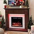 Weyderk 50"Electric Fireplace with Mantel, TV Stand with 23"Freestanding Electric Fireplace, Adjustable Led Flame and Remote Control, Brown Gray Marble Finish Fireplace Mantle for Living Room, Bedroom