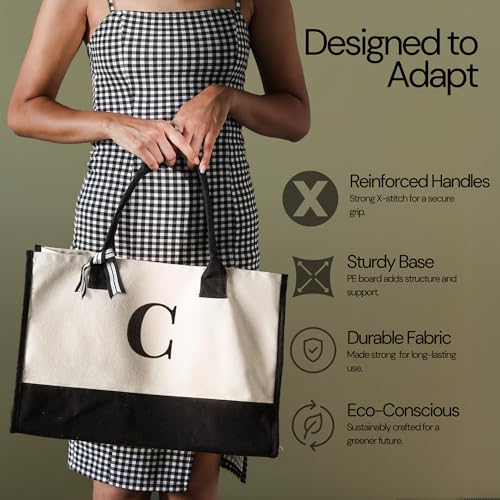 Image of Salt Earth Canvas Tote Bag for Women, Personalized Initial Monogram Tote, Beach Grocery Utility Tote for Travel & Work